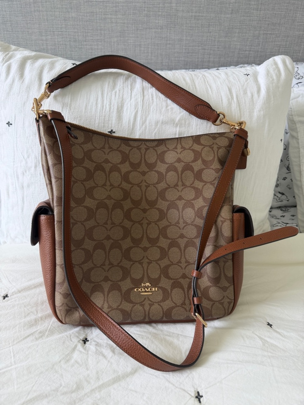 Coach Brown Signature Canvas Shoulder Bag with Leather Trim